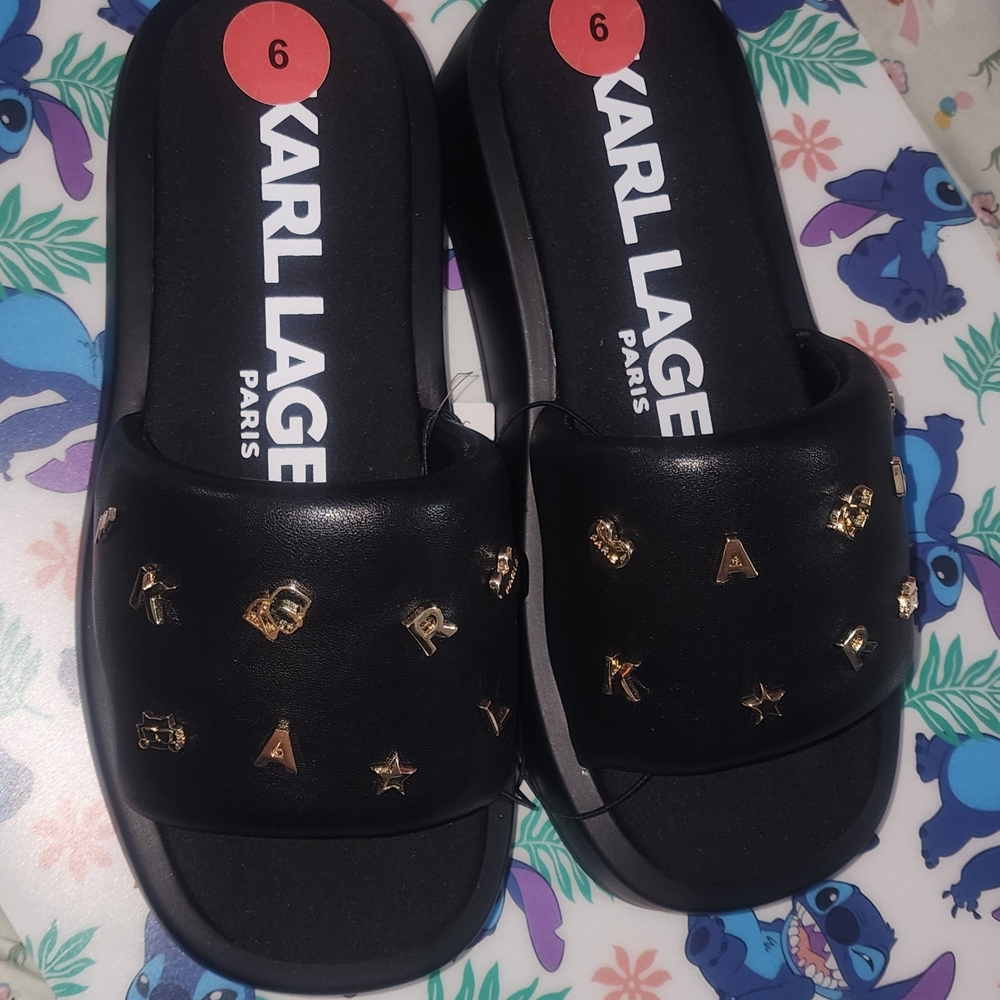 Karl Lagerfeld Black and Gold Sandals with Chic Design